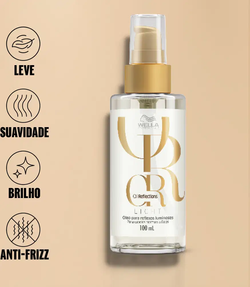 Frasco de 30 ml do produto Wella Professionals Oil Reflections Light, um óleo para reflexos luminosos, com embalagem em tons de bege e branco.