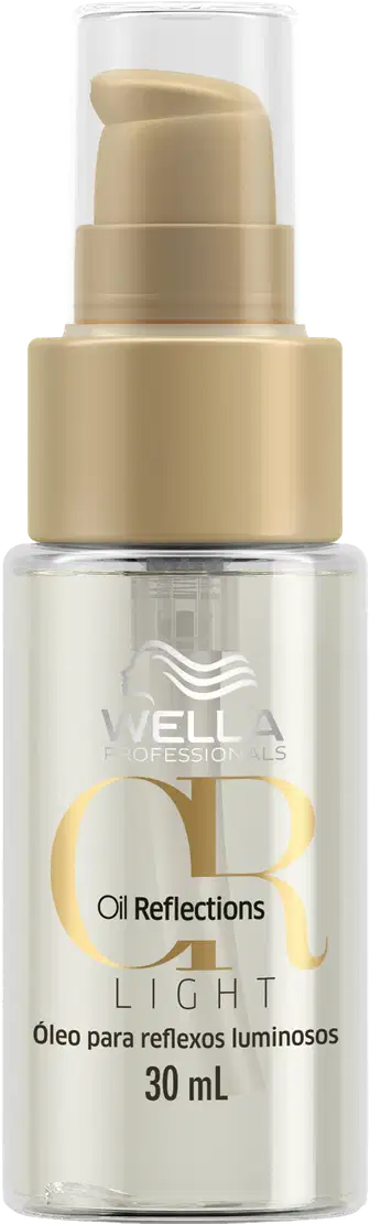 Frasco de 30 ml do produto Wella Professionals Oil Reflections Light, um óleo para reflexos luminosos, com embalagem em tons de bege e branco.