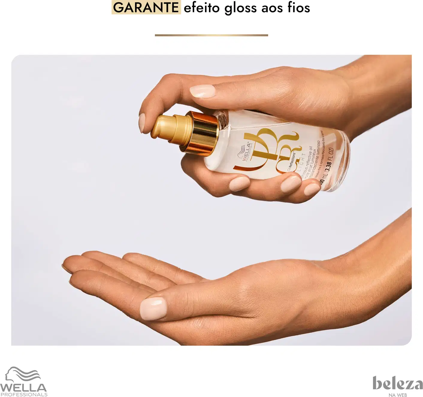 Frasco de 30 ml do produto Wella Professionals Oil Reflections Light, um óleo para reflexos luminosos, com embalagem em tons de bege e branco.