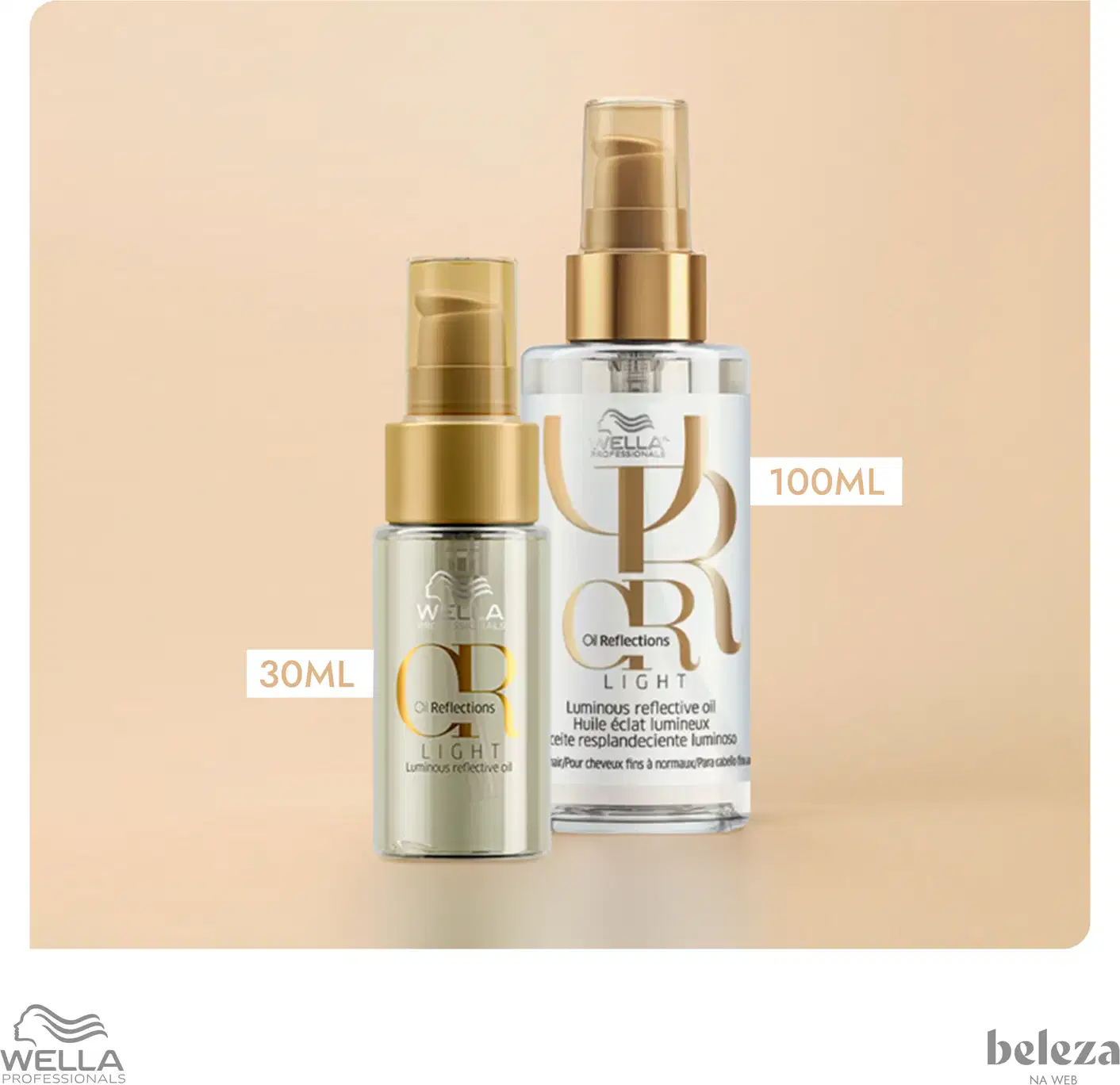 Frasco de 30 ml do produto Wella Professionals Oil Reflections Light, um óleo para reflexos luminosos, com embalagem em tons de bege e branco.