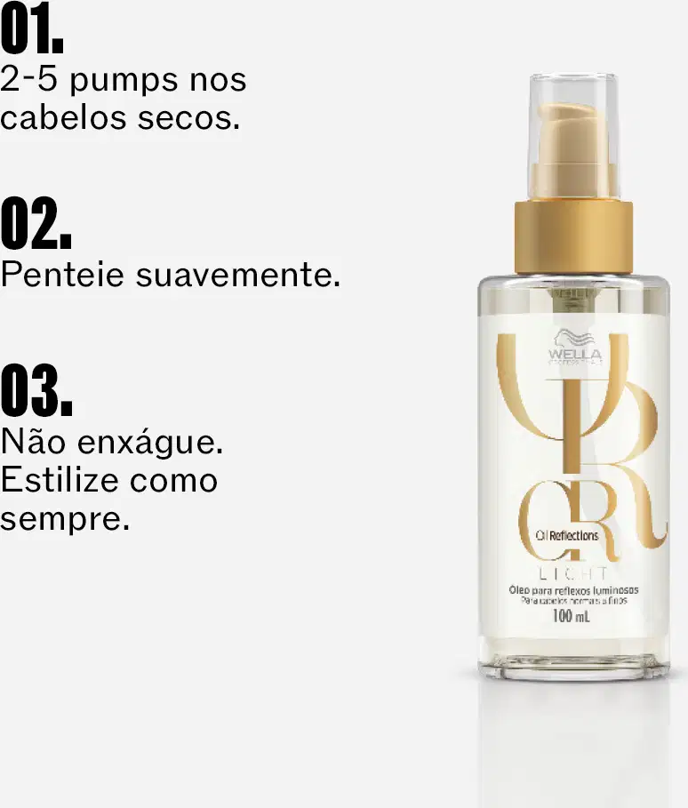 Frasco de 30 ml do produto Wella Professionals Oil Reflections Light, um óleo para reflexos luminosos, com embalagem em tons de bege e branco.