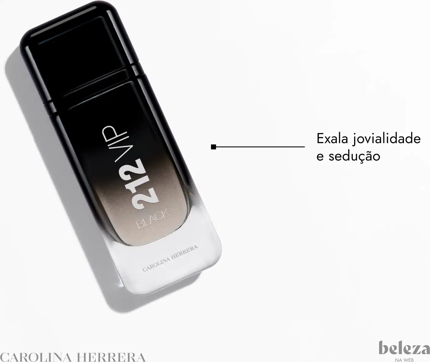 Frasco retangular de vidro transparente com detalhes pretos. Tampão preto fosco na parte superior. Rótulo preto com o nome "212 VIP BLACK" em letras prateadas gravadas. Na base, inscrição "CAROLINA HERRERA" em letras prateadas.