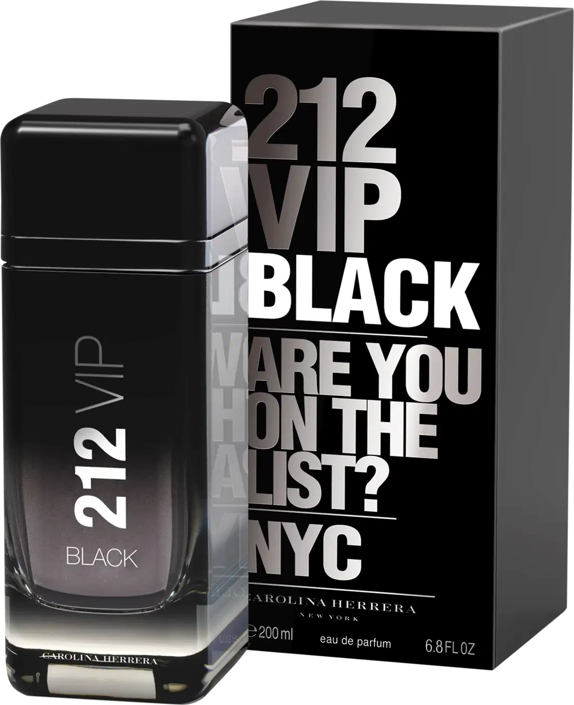 Frasco retangular de vidro transparente com detalhes pretos. Tampão preto fosco na parte superior. Rótulo preto com o nome "212 VIP BLACK" em letras prateadas gravadas. Na base, inscrição "CAROLINA HERRERA" em letras prateadas.