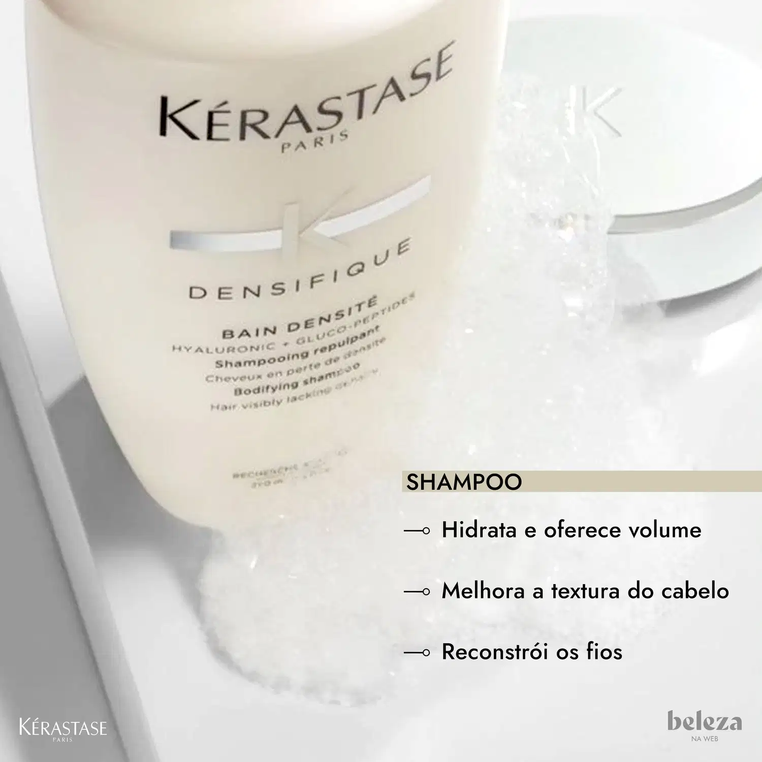 Dois produtos da marca Kérastase Paris: um frasco de shampoo Bain Densite de 250ml e um pote de máscara Densifique de 200g, ambos com embalagens brancas e detalhes em prata.