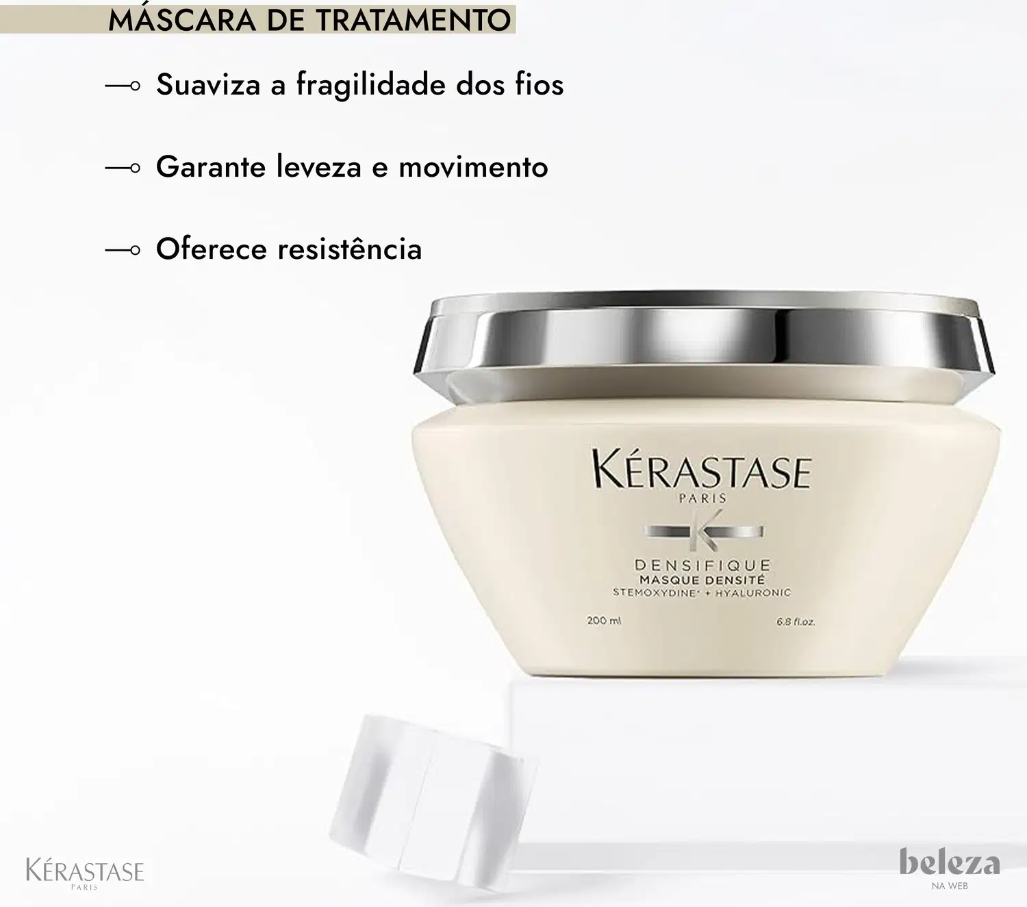 Dois produtos da marca Kérastase Paris: um frasco de shampoo Bain Densite de 250ml e um pote de máscara Densifique de 200g, ambos com embalagens brancas e detalhes em prata.