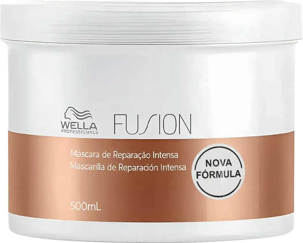 Frasco branco de 500 mL da máscara de reparação intensa da linha Fusion da Wella Professionals, com rótulo destacando a nova fórmula do produto.