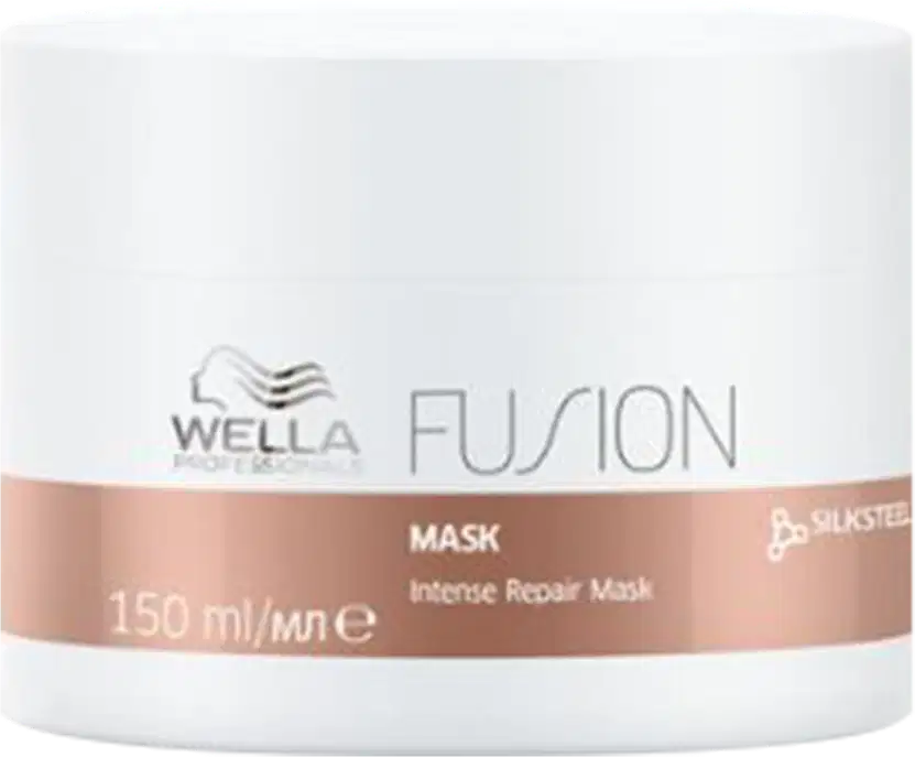 Frasco branco da linha Wella Fusion, contendo máscara de reparação intensa com 150 ml. O rótulo apresenta o nome da linha e a indicação "Mask" em letras pretas.