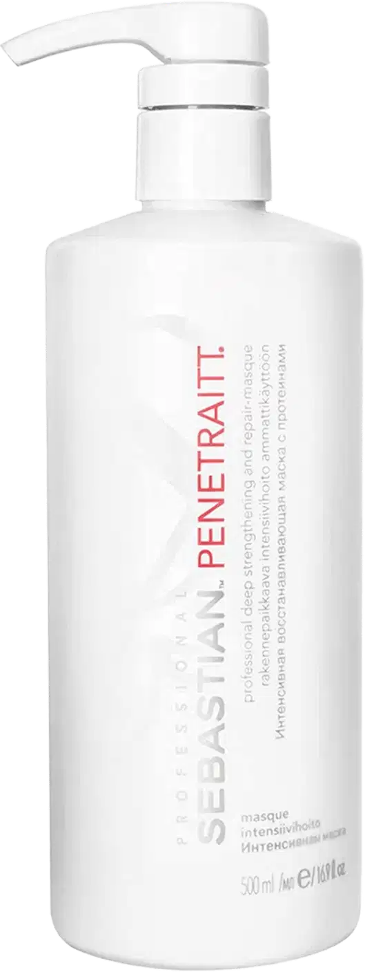 Frasco branco com bomba dosadora contendo produto para tratamento capilar da marca Sebastian Professional. Rótulo com o nome "Sebastian Penetraitt" e informações sobre o produto.