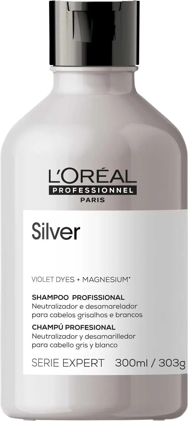 Frasco branco de shampoo profissional da L'Oréal Professionnel, série Expert, com rótulo preto e branco indicando o produto "Silver" com violeta e magnésio.