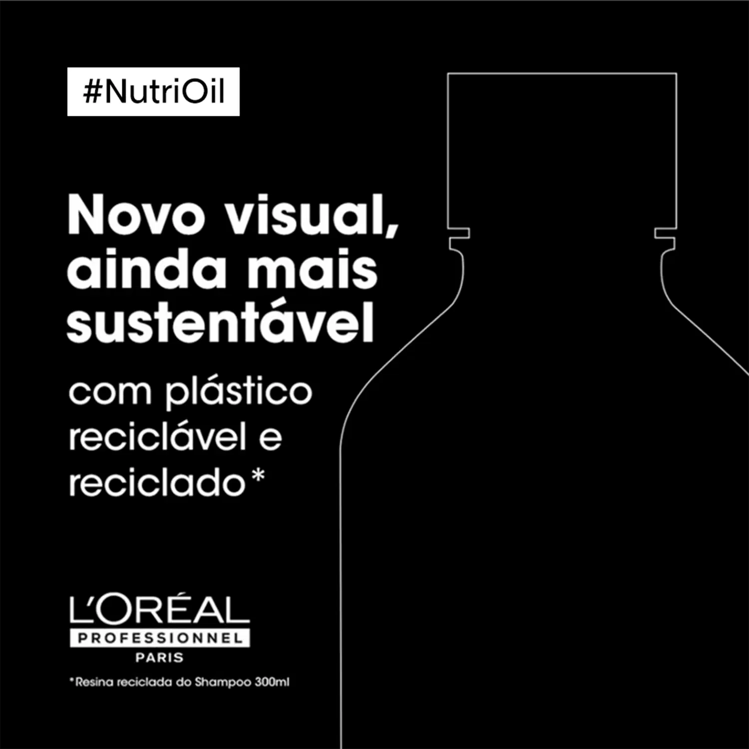 O texto na imagem apresenta o novo visual de um item da marca L'Oréal Professionnel Paris, feito de plástico reciclável e reciclado. O texto destaca que este novo visual é ainda mais sustentável.