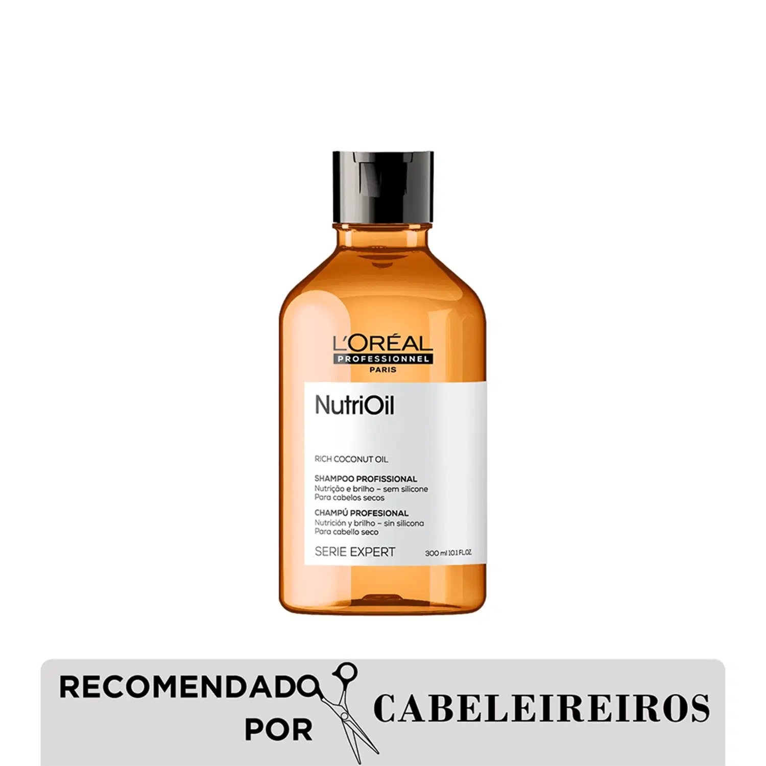 Frasco de shampoo da marca L'Oréal Professionnel, da linha NutriOil, com rótulo em inglês e espanhol. O produto é apresentado em embalagem de vidro âmbar com tampa preta, em um ambiente com fundo branco.