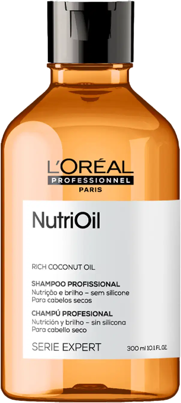 Frasco de item de perfumaria da marca L'Oreal Professionnel Paris, com rótulo "NutriOil" e "Rich Coconut Oil". O frasco é de vidro âmbar com tampa preta. O texto no rótulo indica que se trata de um xampu profissional para cabelos secos.