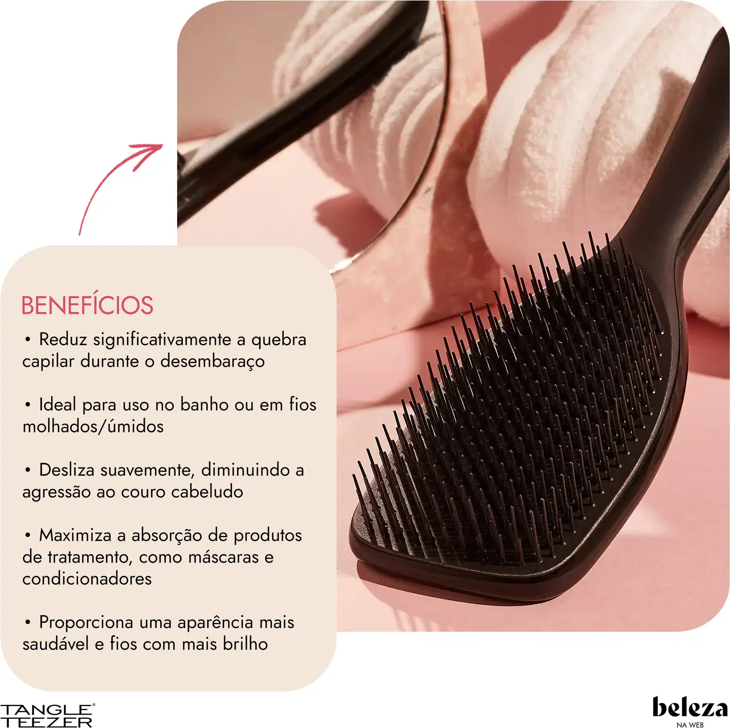 Escova de cabelo preta da marca Tangle Teezer, com design ergonômico e superfície ponteada para facilitar o desembaraço dos fios.