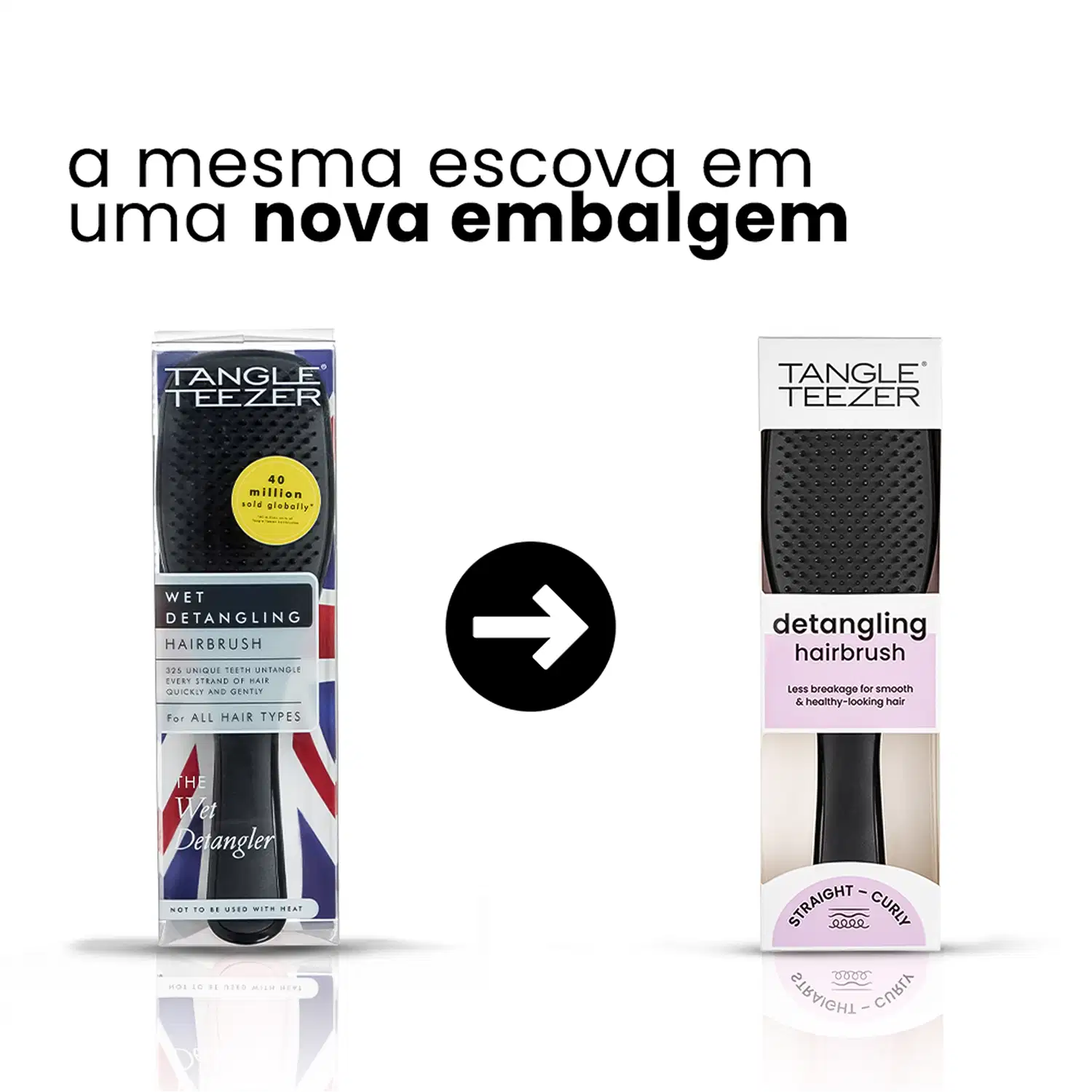 Escova de cabelo preta da marca Tangle Teezer, com design ergonômico e superfície ponteada para facilitar o desembaraço dos fios.