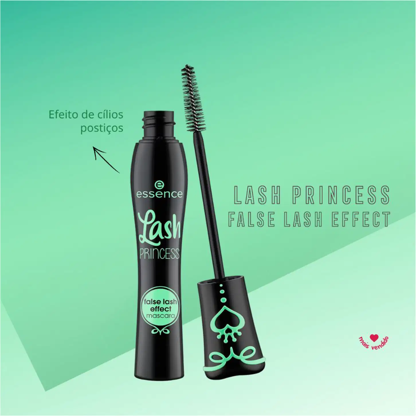 "Lash Princess False Lash Effect". A imagem também destaca o "Efeito de cílios postiços" como característica principal. As cores predominantes são preto e verde.