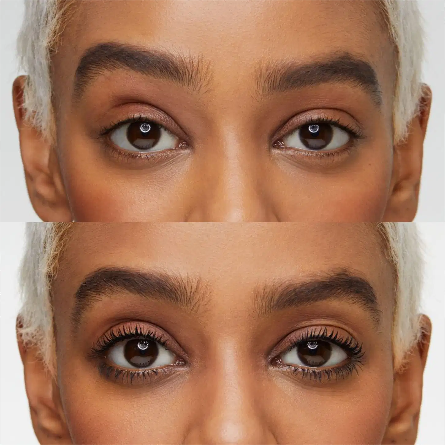 Esta imagem mostra um close-up dos olhos e sobrancelhas de uma pessoa. na parte inferior com a máscara de cílios e na parte superior sem a máscara.