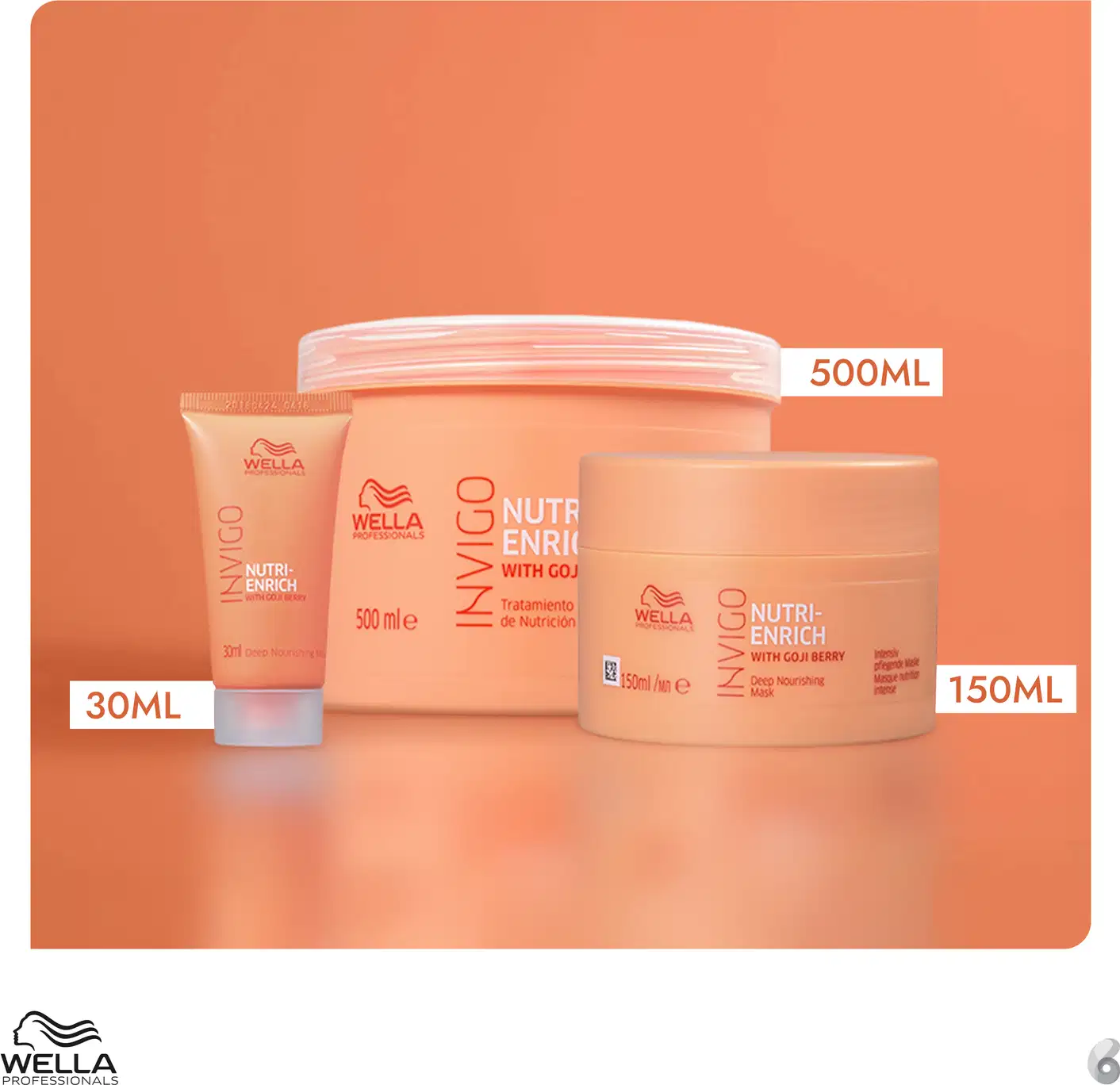 A imagem mostra a máscara Wella Professionals Invigo Nutri-Enrich, com embalagens em tons de laranja, apresentando diferentes tamanhos e volumes, em um fundo laranja vibrante.