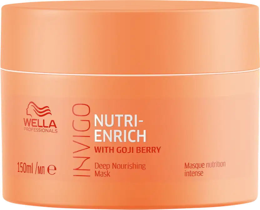 Frasco de máscara capilar Wella Professionals Nutri-Enrich com Goji Berry, embalagem laranja, rótulo com informações sobre o produto e sua função de nutrição intensa.