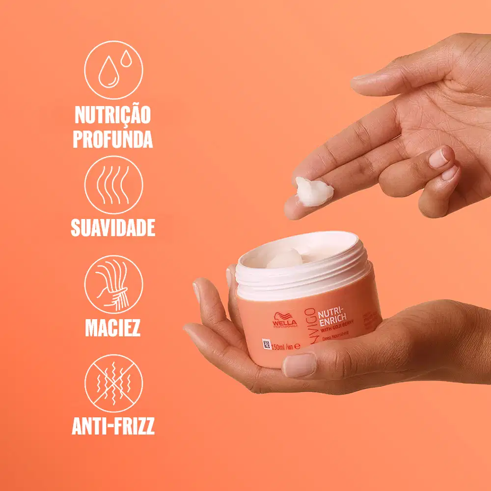 Imagem da máscara Wella Nutri-Enrich e texto com as palavras: Nutrição profunda, suavidade, maciez, anti-frizz.