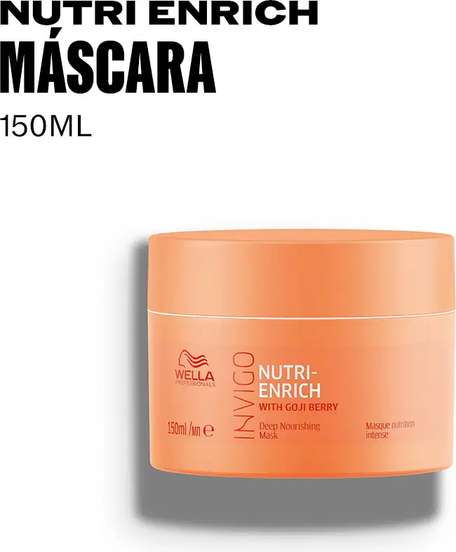 Embalagem de máscara capilar Nutri-Enrich da Wella Professionals, com 150ml, em tom laranja, com rótulo destacando o nome do produto e a presença de goji berry na fórmula.