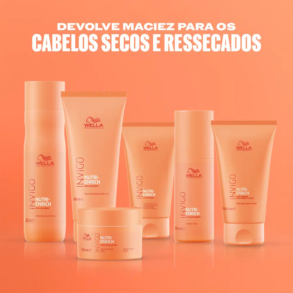 A imagem mostra a linha completa Wella Professionals Invigo Nutri-Enrich e o texto: Devolve maciez para os cabelos secos e ressecados
