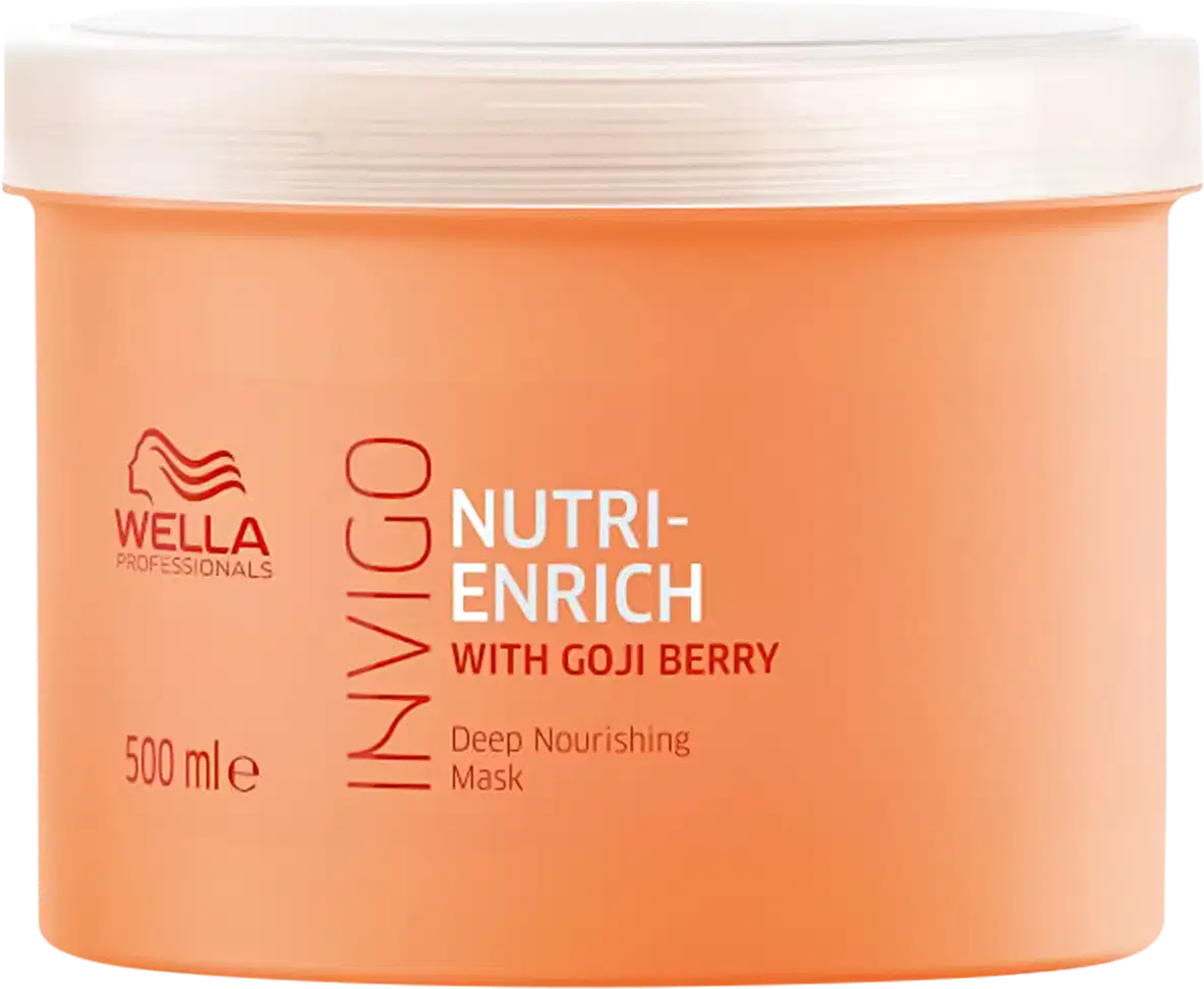 Pote de máscara capilar Wella Professionals Nutri-Enrich com Goji Berry, embalagem laranja com rótulo branco, contendo 500 ml do produto.