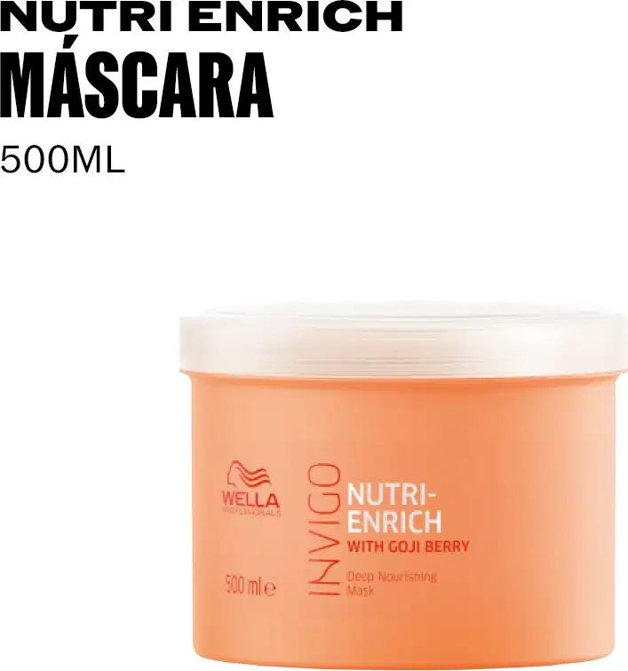 Nutri Enrich Máscara, um produto da marca Wella Professionals, em embalagem de 500ml com tampa, na cor laranja, com texto em preto destacando os ingredientes "Goji Berry" e a descrição "Deep Nourishing Mask".