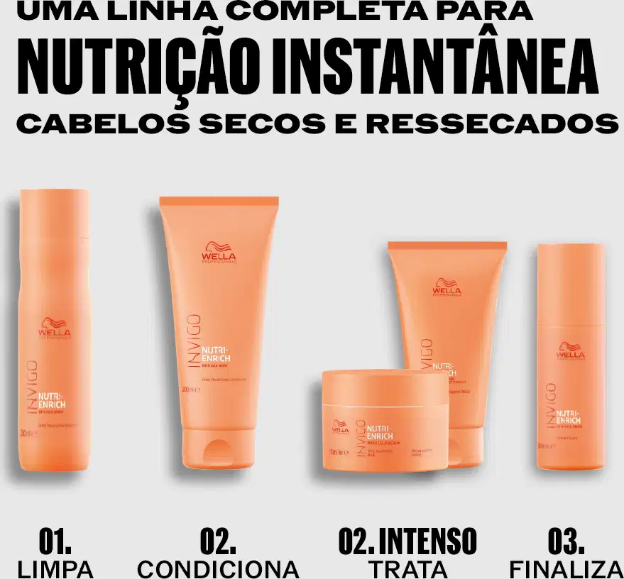 UMA LINHA COMPLETA PARA NUTRIÇÃO INSTANTÂNEA CABELOS SECOS E RESSECADOS 01. LIMPA 02. CONDICIONA 02. INTENSO TRATA 03. FINALIZA