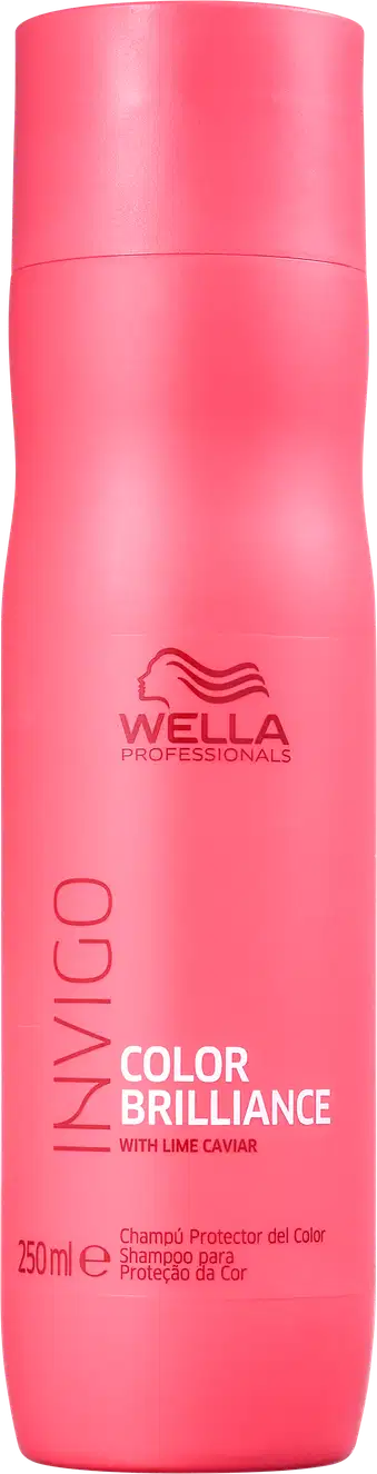 Frasco vermelho linha Color Brilliance da Wella Professionals, com 250 ml de capacidade. O rótulo apresenta o nome da linha e o texto "Shampoo Protetor da Cor".