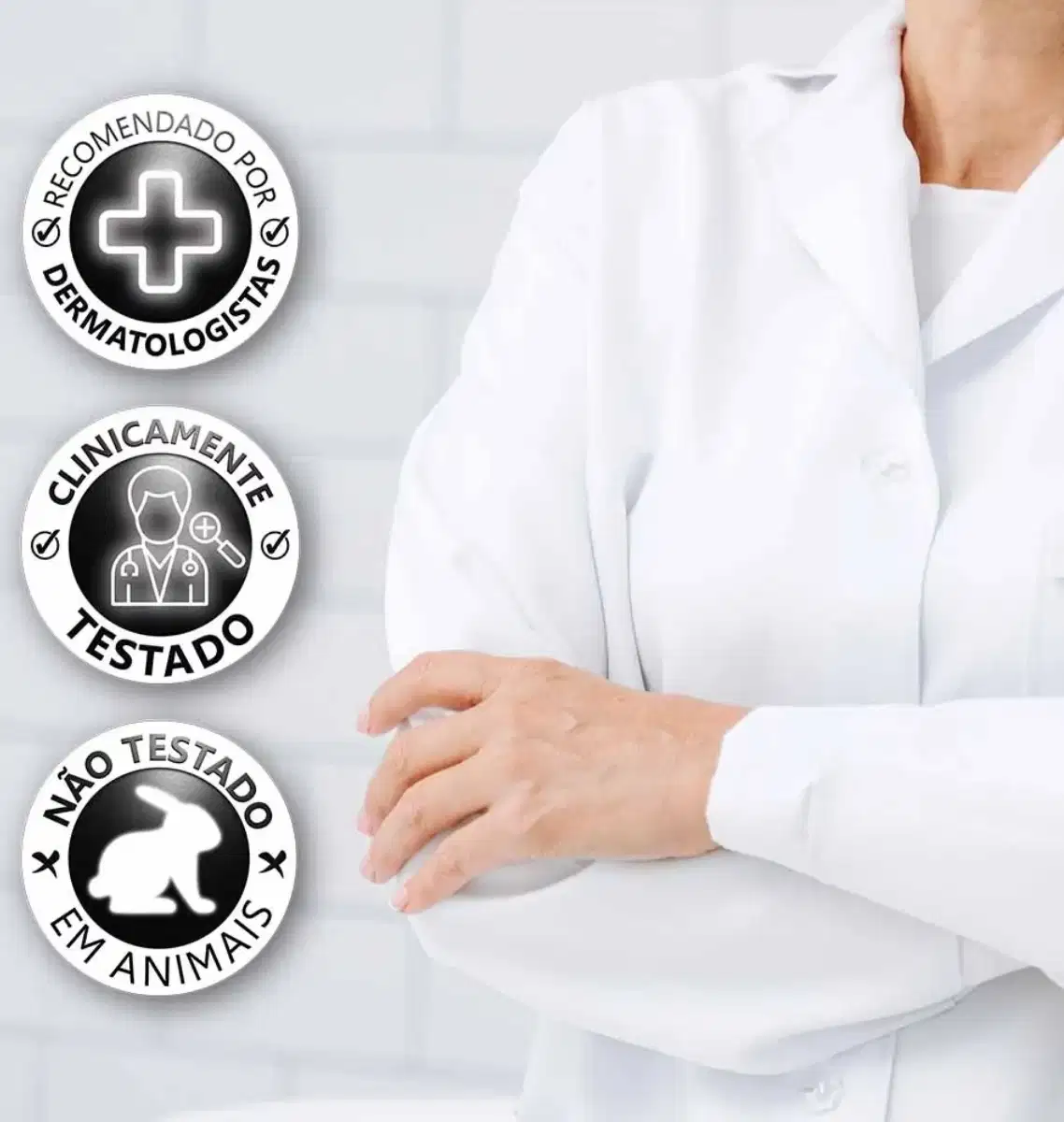 O produto apresenta selos de recomendação por dermatologistas e clínicos, indicando que se trata de produtos de saúde e beleza testados e aprovados.