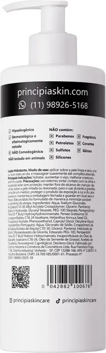 Frasco branco com bomba doseadora contendo produto da marca Principia. Rótulo preto e branco com informações sobre o produto, incluindo ingredientes e contato da empresa.