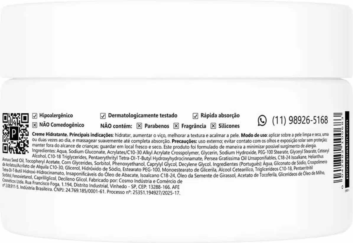 Creme hidratante em embalagem branca com rótulo informando ingredientes, modo de uso e dados do fabricante. Produto dermatologicamente testado, com rápida absorção e sem parabenos, fragrância ou silicones.