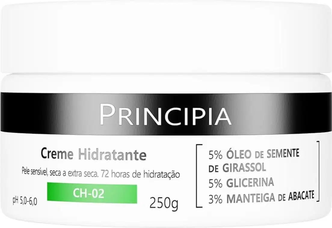 Creme hidratante da marca Principia, em embalagem preta e branca de 250g, com informações sobre os ingredientes como óleo de semente de girassol, glicerina e manteiga de abacate.