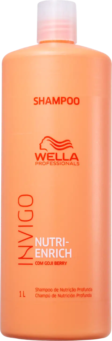 Frasco de shampoo da marca Wella Professionals, com embalagem laranja e branca, contendo a informação "Nutri-Enrich com Goji Berry" e indicando que se trata de um "Shampoo de Nutrição Profunda".