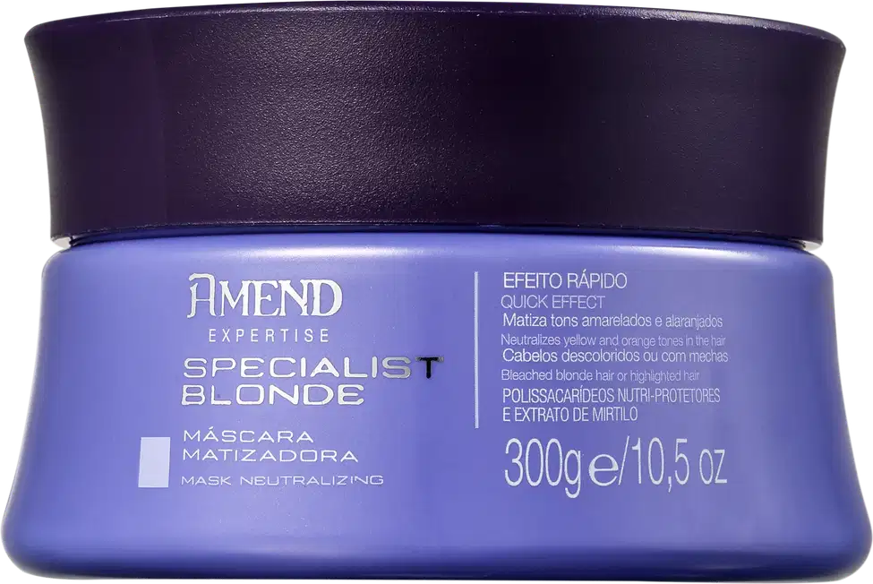 Embalagem de máscara matizadora da linha Specialist Blonde da Amend Cosméticos, em frasco de 300g com rótulo em tons de roxo e azul, destacando o efeito rápido e neutralizador de tons amarelados em cabelos loiros.