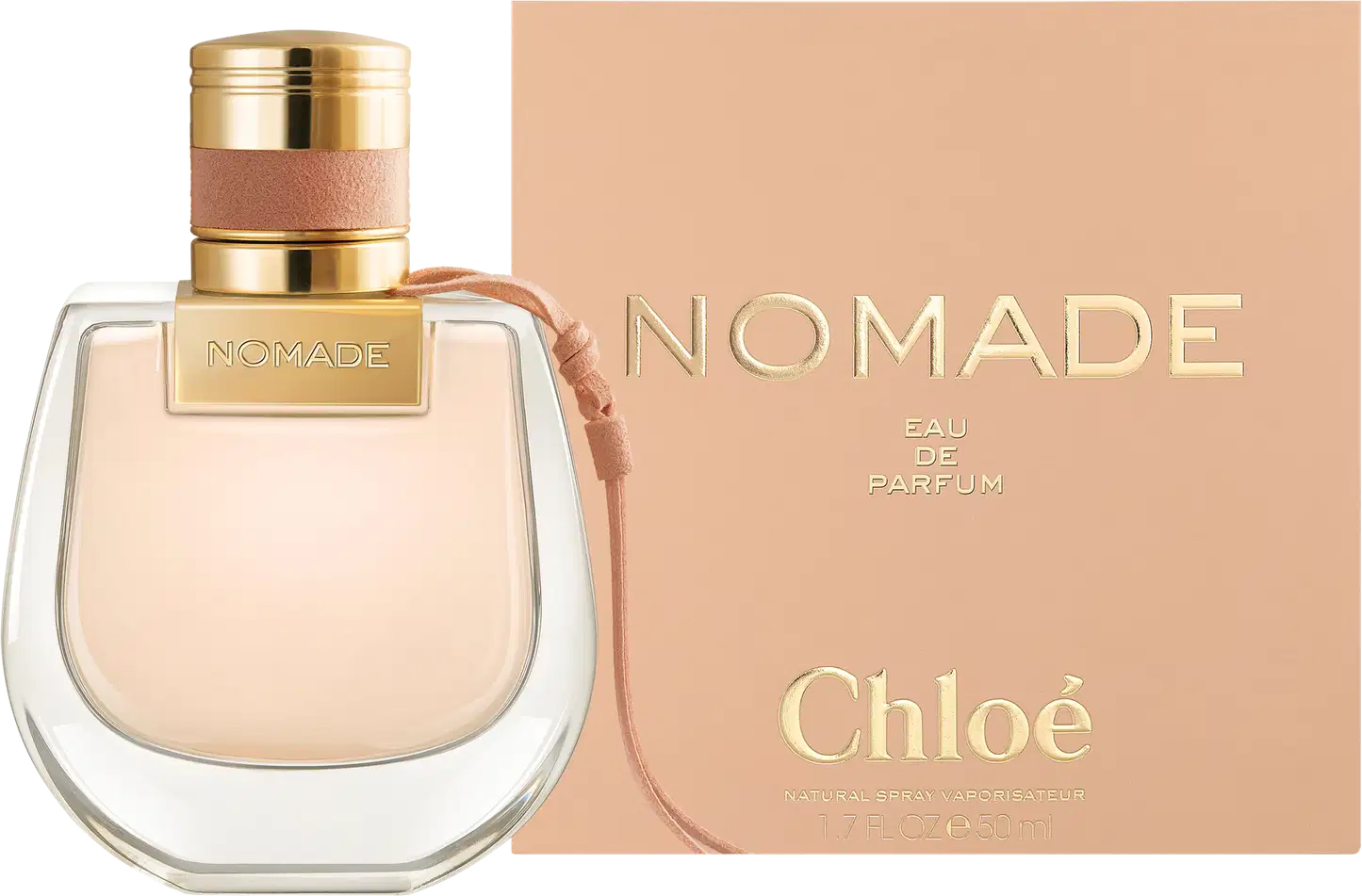 Perfume Nomade da marca Chloé. Frasco de vidro transparente com tampa dourada. Embalagem externa retangular na cor pêssex com o nome "Nomade" e "Chloé" em letras douradas. Eau de Parfum de 50ml indicado na embalagem.