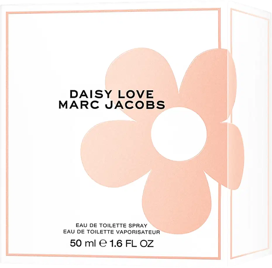 Frasco de perfume Marc Jacobs Daisy Love com flor branca e centro dourado em fundo preto. Embalagem com nome da fragrância em letras pretas.