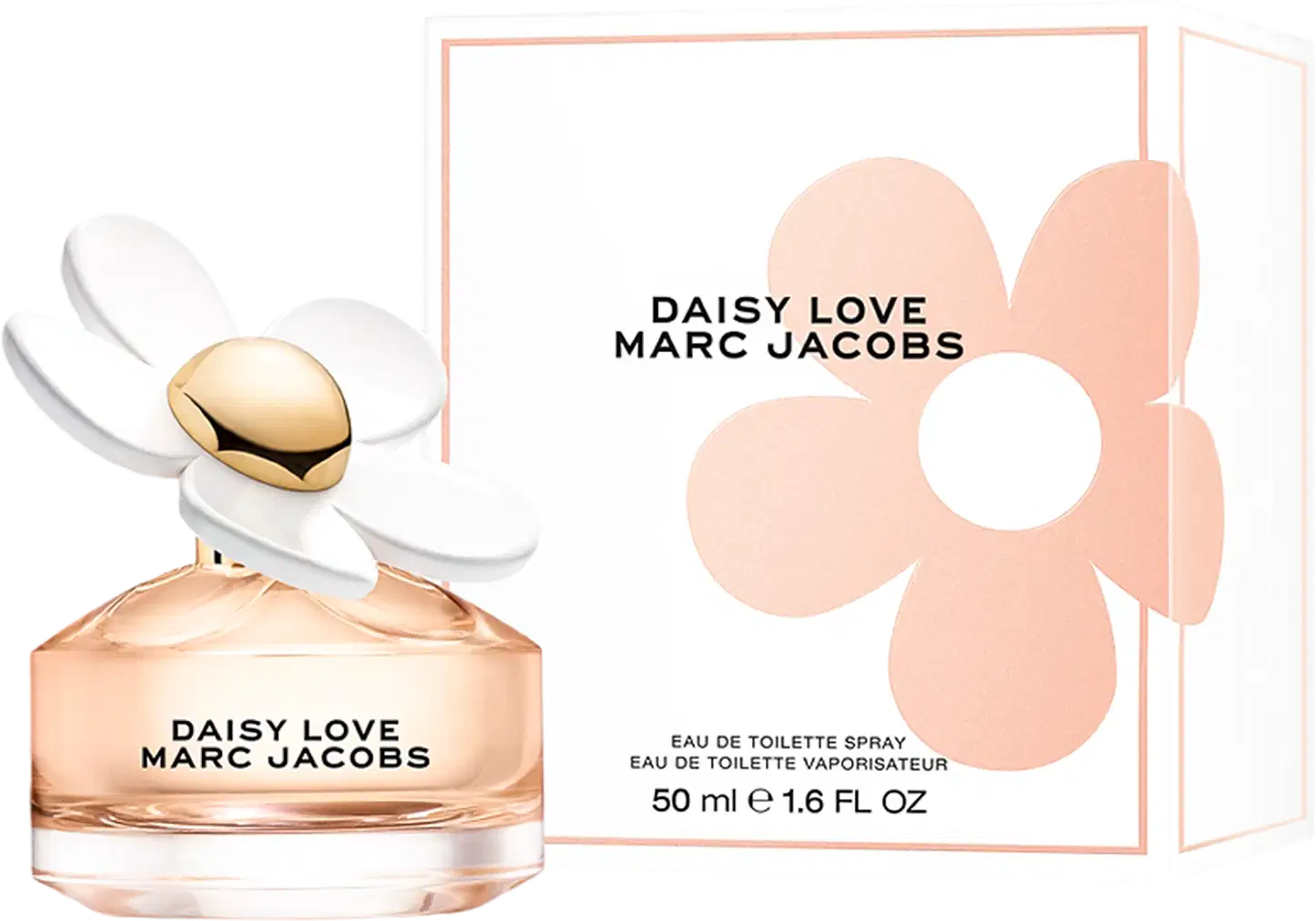 Frasco de perfume Marc Jacobs Daisy Love com flor branca e centro dourado em fundo preto. Embalagem com nome da fragrância em letras pretas.