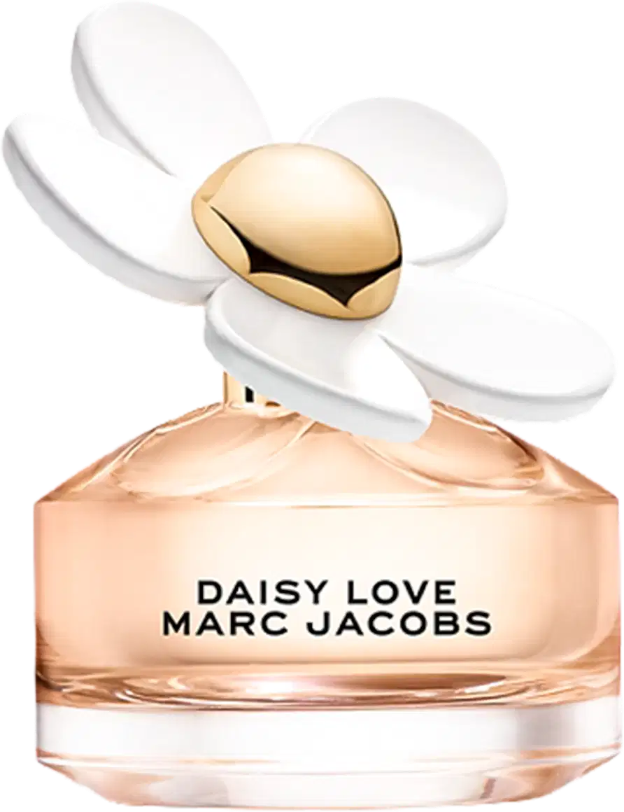 Frasco de perfume Marc Jacobs Daisy Love com flor branca e centro dourado em fundo preto. Embalagem com nome da fragrância em letras pretas.
