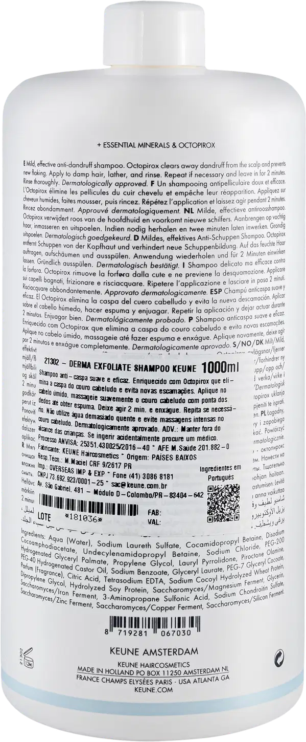 Frasco branco de 1000 ml da linha Care da Keune, com rótulo destacando o "Derma Exfoliate Shampoo" para cabelos e couro cabeludo anti-caspa.