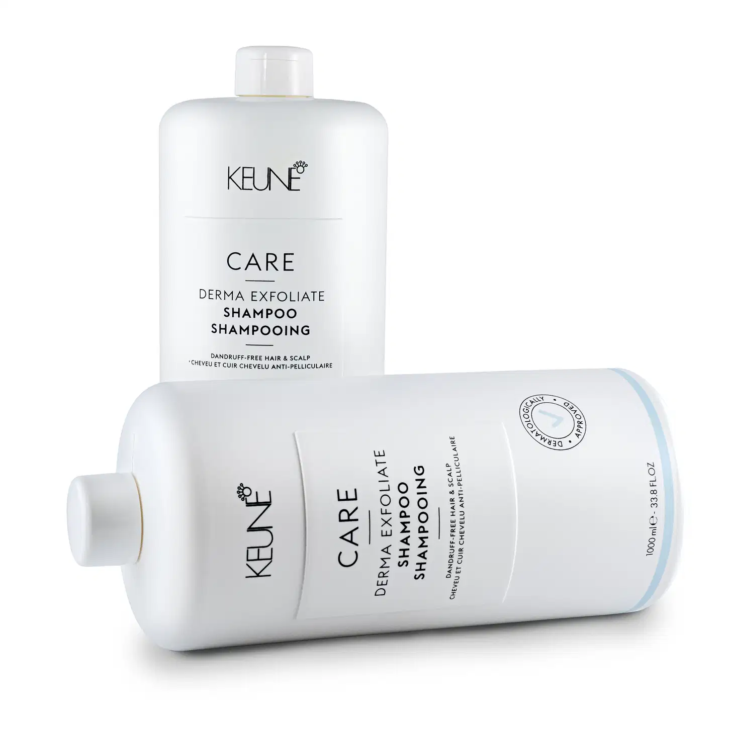Frasco branco de 1000 ml da linha Care da Keune, com rótulo destacando o "Derma Exfoliate Shampoo" para cabelos e couro cabeludo anti-caspa.