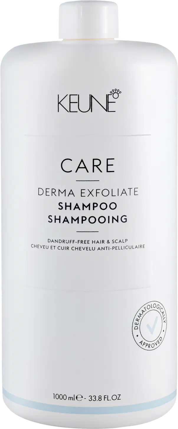Frasco branco de 1000 ml da linha Care da Keune, com rótulo destacando o "Derma Exfoliate Shampoo" para cabelos e couro cabeludo anti-caspa.