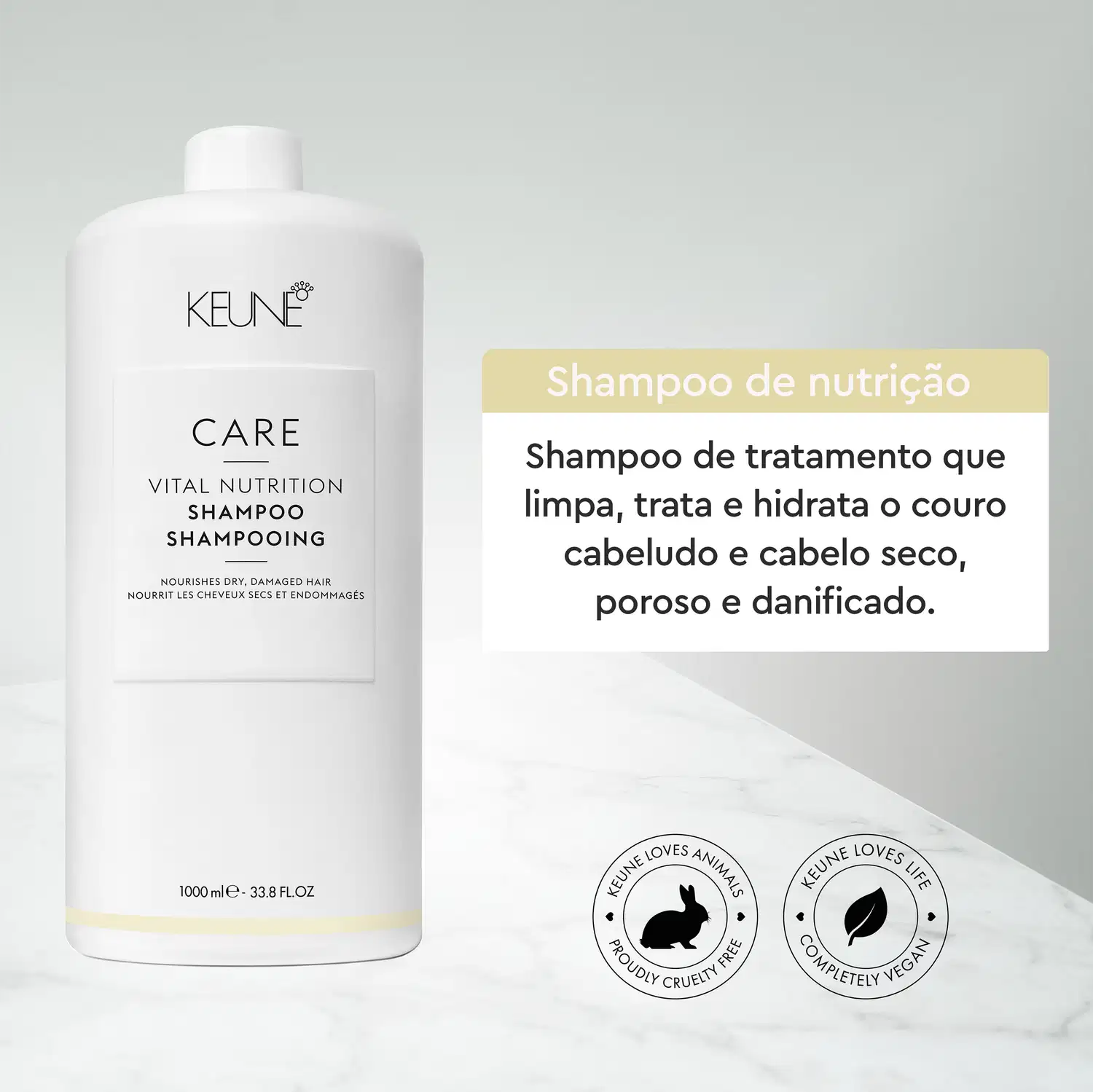 Frasco branco da linha Keune Care Vital Nutrition, contendo shampoo para cabelos secos e danificados. Rótulo com nome do produto e informações sobre o uso.