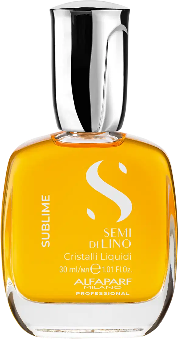 Frasco do óleo da linha Semi di Lino da Alfaparf Milano, com design elegante em vidro transparente e tampa metálica. O rótulo apresenta o nome da linha em letras brancas sobre fundo amarelo.