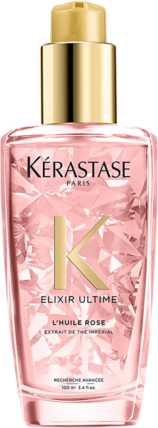 Frasco rosa com tampa dourada contendo o produto "Elixir Ultime L'Huile Rose" da marca Kérastase Paris, um óleo capilar de tratamento.