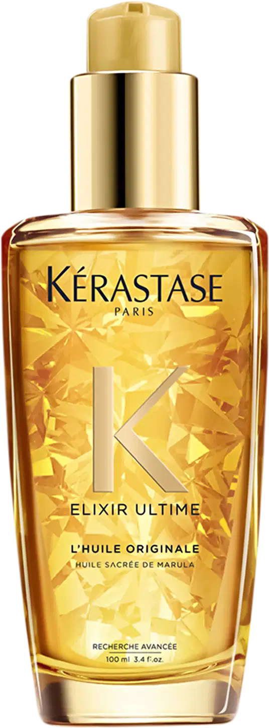 Frasco de óleo capilar Kérastase Elixir Ultime, com embalagem dourada e brilhante, apresentando o logotipo da marca e o nome do produto em destaque.