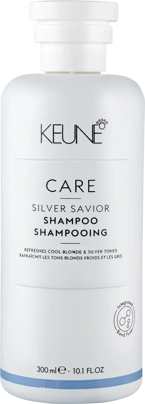 Frasco branco de 300 ml do shampoo Silver Savior da linha Care da Keune, que promete refrescar e tonalizar cabelos loiros e grisalhos.