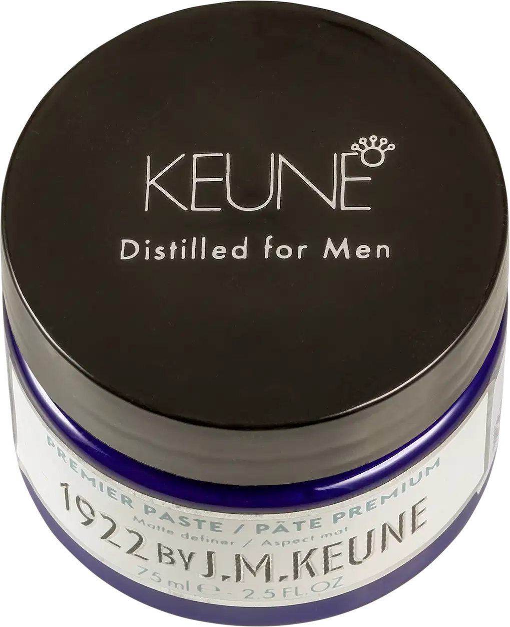 Frasco de pasta/pomada para homens da marca Keune, com embalagem preta e azul, exibindo o nome da marca e a descrição "Distilled for Men" em letras brancas.