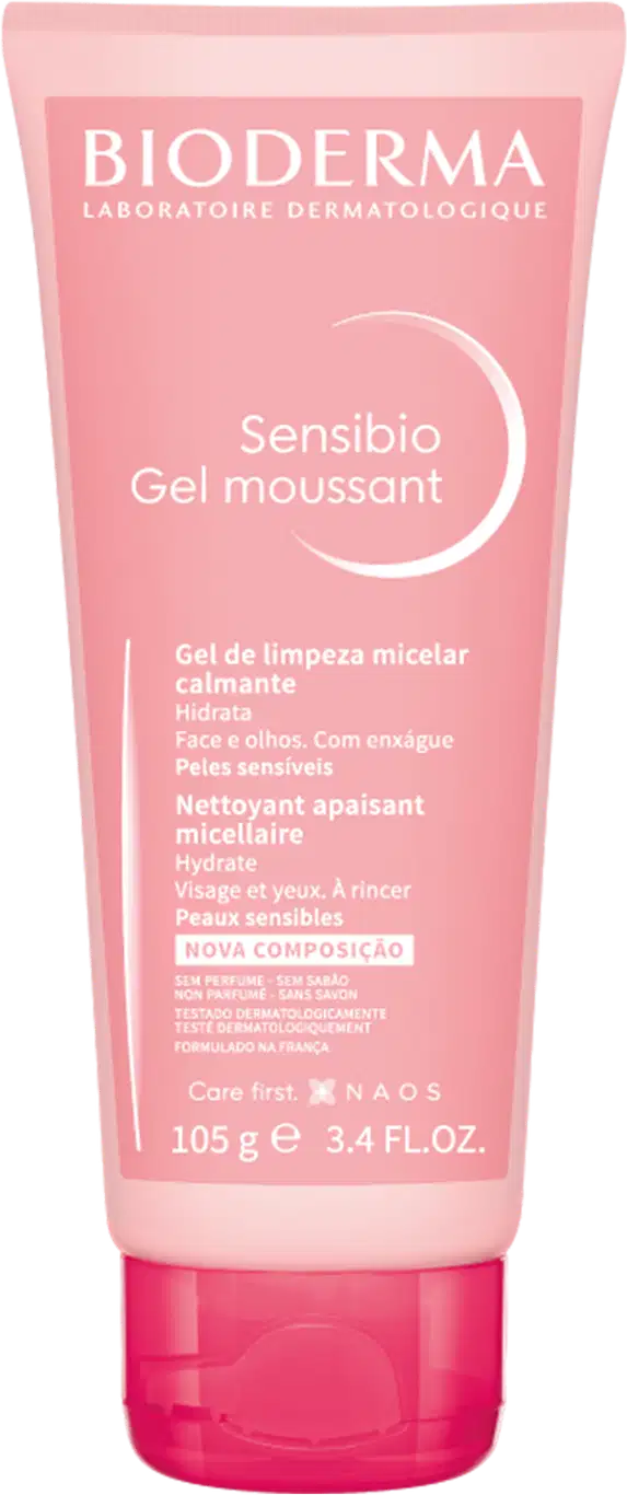 Tubo rosa de gel de limpeza micelar da marca Bioderma, com rótulo indicando "Sensibio Gel moussant" e informações sobre o produto em francês.
