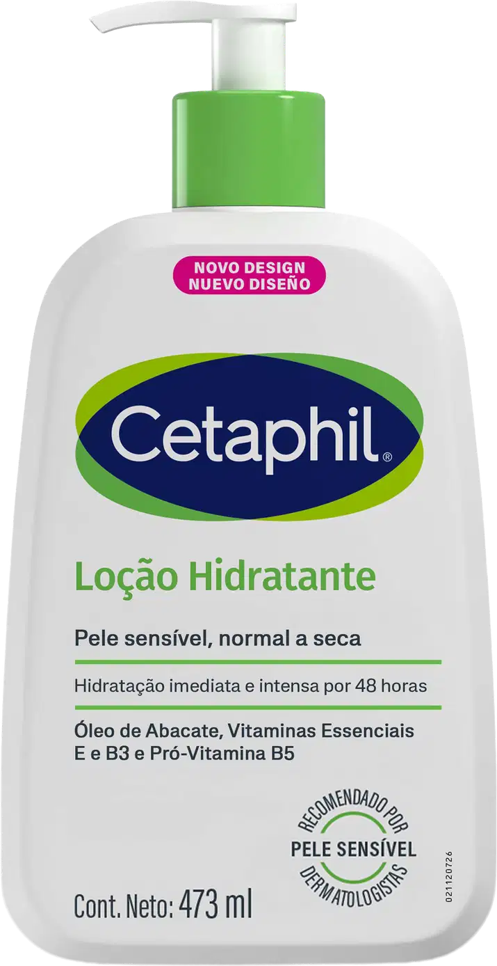 Frasco de loção hidratante da marca Cetaphil, com design moderno e cores verde e azul. Contém 473 ml e destaca-se o texto "Loção Hidratante" e "Pele sensível, normal a seca" na embalagem.